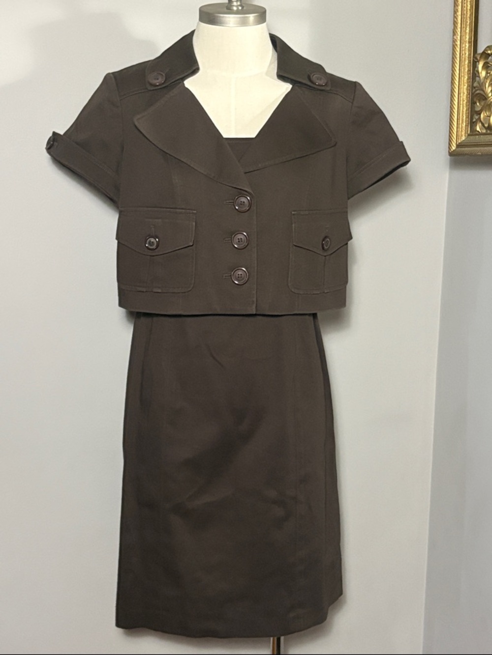 Nine West Size 8 Brown 2 Piece Dress Suit With Cropped Jacket